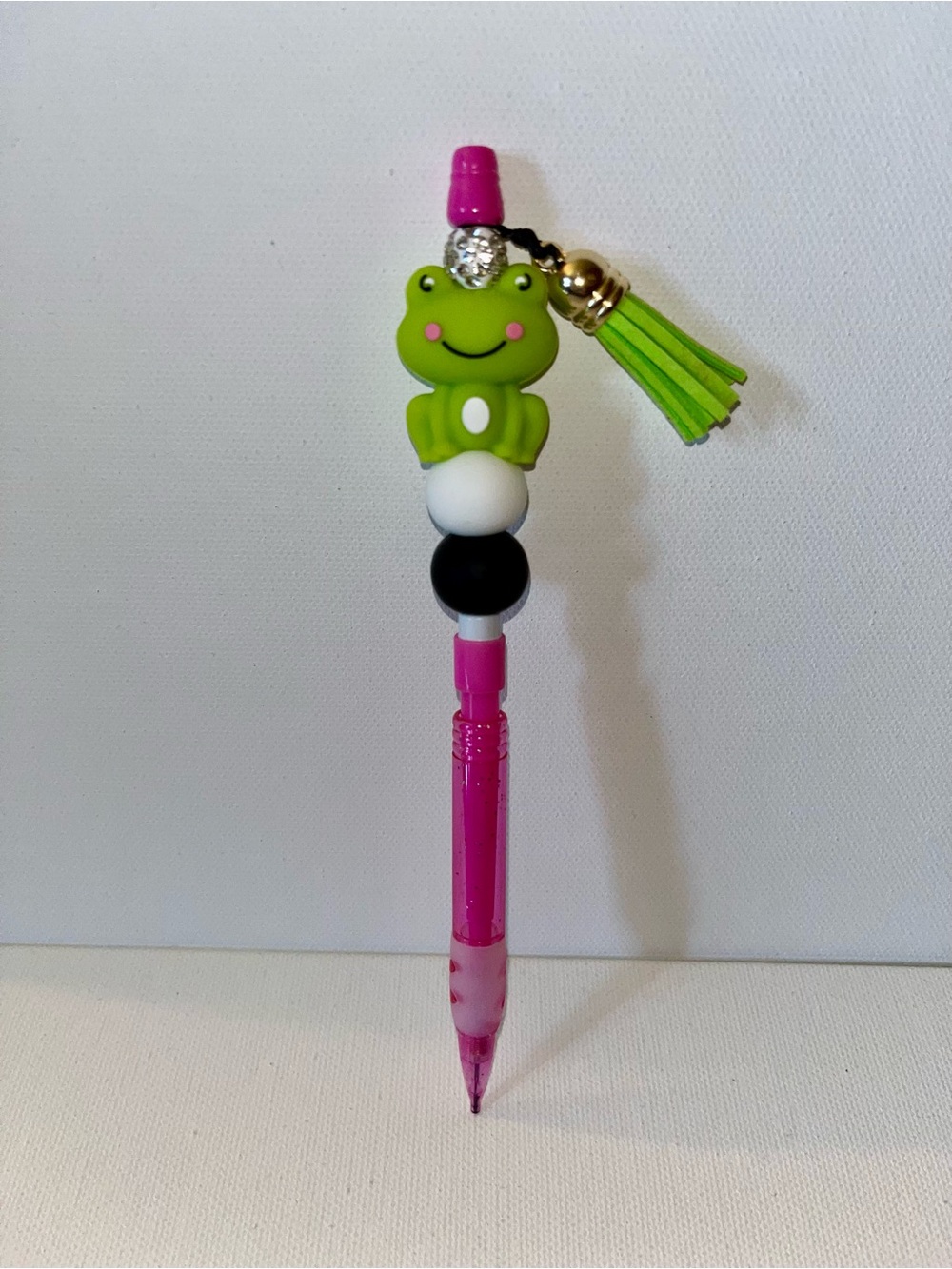 Glittery Pink Mechanical Pencil w/Green Frog Topper, Rhinestone Accents & Tassel